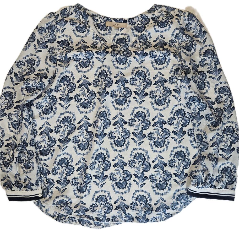 LOFT Blouse Womens L Blue Floral Tunic Balloon Sleeve Scoop Neck Chiffon